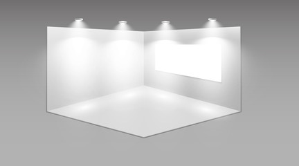 3D exhibition booth. White empty promotional stand with desk. Vector white empty geometric square. Presentation event room display. Blank box template