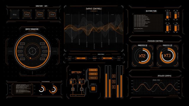 Perspective view of Futuristic interface/HUD/FUI/Digital screen glass panel with buttons/Control dashboard