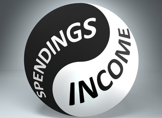 Spendings and income in balance - pictured as words Spendings, income and yin yang symbol, to show harmony between Spendings and income, 3d illustration