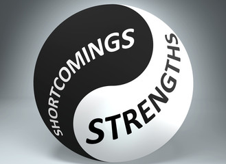 Shortcomings and strengths in balance - pictured as words Shortcomings, strengths and yin yang symbol, to show harmony between Shortcomings and strengths, 3d illustration
