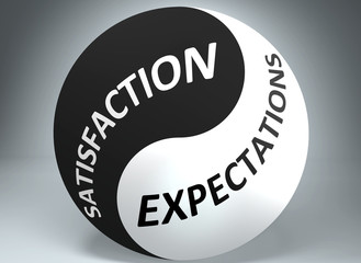 Satisfaction and expectations in balance - pictured as words Satisfaction, expectations and yin yang symbol, to show harmony between Satisfaction and expectations, 3d illustration