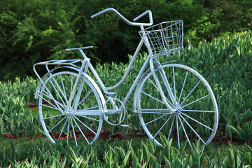 Fototapeta premium Decorative bicycle made of metal. City garden in the spring. A modern and innovative approach to landscape design. Artificial garden architecture elements