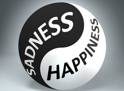 Sadness and happiness in balance - pictured as words Sadness, happiness and yin yang symbol, to show harmony between Sadness and happiness, 3d illustration