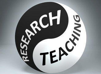 Research and teaching in balance - pictured as words Research, teaching and yin yang symbol, to show harmony between Research and teaching, 3d illustration