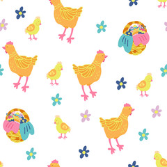 Vector seamless pattern with hens, chamomile and wicker baskets full of colorful eggs. Great print for fabric, wrapping papers, wallpapers, covers. Hand drawn illustration on white background.
