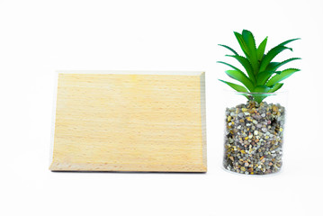 A blank wood plaque template beside a miniature green tree with white background