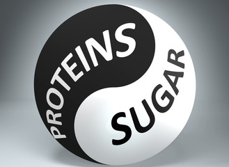 Proteins and sugar in balance - pictured as words Proteins, sugar and yin yang symbol, to show harmony between Proteins and sugar, 3d illustration