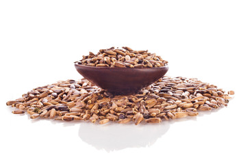 Seed of a Milk Thistle (Silybum marianum) known as Scotch Thistle or Marian Thistle in wooden spoon isolated on a white background.