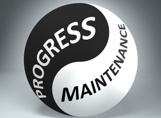 Progress and maintenance in balance - pictured as words Progress, maintenance and yin yang symbol, to show harmony between Progress and maintenance, 3d illustration