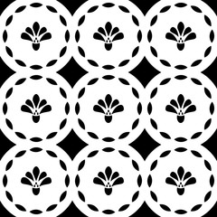 Black and white abstract flowers vector seamless pattern. Doodle style monochromatic pattenr, black elements isolated on white background. 