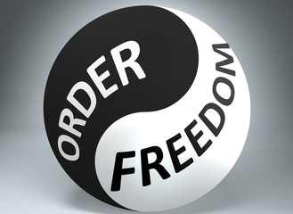 Order and freedom in balance - pictured as words Order, freedom and yin yang symbol, to show harmony between Order and freedom, 3d illustration