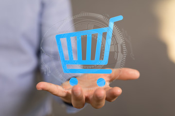 Businessman pressing modern technology panel shopping cart web phone credit card.