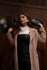 Fototapeta premium Face, portrait, Girl, brunette, brunette woman, travel, new york, clothes, hair, woman, female, make, model, fashion, glamour, lady, sexy, beauty, sexy, fashion, style, street, elegant, 