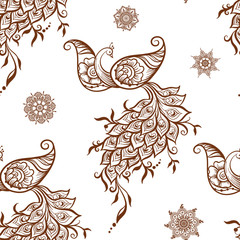 Eastern ethnic style compositions, mehendi, traditional indian henna floral ornament with peacock. Seamless pattern, background. Vector illustration..