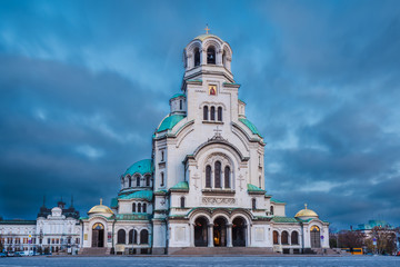 Fototapeta na wymiar Alexander Nevsky Cathedral in the center of Sofia, the capital of Bulgaria against the backdrop of a beautiful sky at the blue hour.