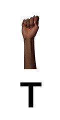 Manual Language Alphabet Deaf Gesture Sign T letter with Female Hand Black White for Communication of Disabled 