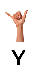 Manual Language Alphabet Deaf Gesture Sign Y letter with Female Hand Black White for Communication of Disabled 