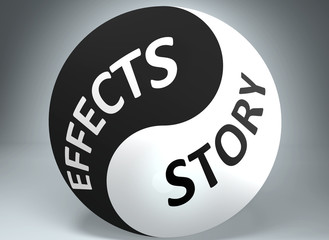 Effects and story in balance - pictured as words Effects, story and yin yang symbol, to show harmony between Effects and story, 3d illustration
