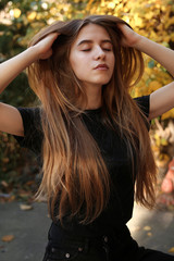 Fototapeta premium Face, portrait, hair, hairstyle, Girl, brunette, brunette woman, travel, woman, female, make up, model, fashion, glamour, lady, sexy, beauty, sexy, fashion, style, street, elegant, 