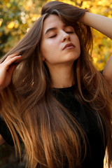 Fototapeta premium Face, portrait, hair, hairstyle, Girl, brunette, brunette woman, travel, woman, female, make up, model, fashion, glamour, lady, sexy, beauty, sexy, fashion, style, street, elegant, 