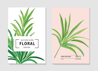 Palm summer tree invitation card template design. Jungle  paradise palm leaf in vector set. Hawaii plant isolated card, vintage foliage on pink background