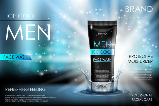 Cooling men face wash with water splashing. Realistic cool refreshing bottle packaging ad on black background. Skin care product design. 3d vector illustration