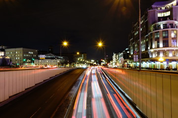 Obraz premium Urban view with traffic at night off Arbat street in Moscow