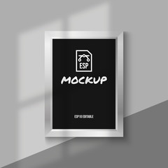 Silver photo frame mockup with vertical blank screen, luxury poster template