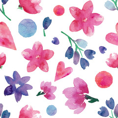 Cute seamless pattern with watercolor flowers and hearts on white background. Hand illustration.