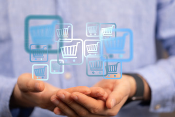 Shopping cart on digital tablet. Shopping online concept..