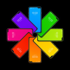 Rainbow colorful smartphone set in circle shape. isolated on black. 3D render