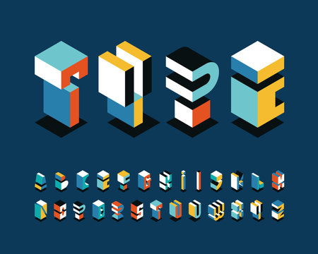 Isometrical english alphabet, bright shapes' graphical decorative type.