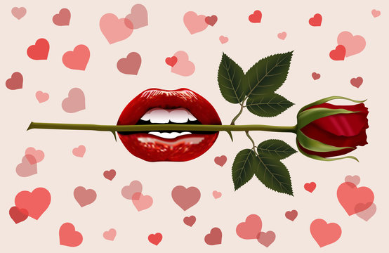 red juicy lips with a rose in his teeth on a pink background with hearts