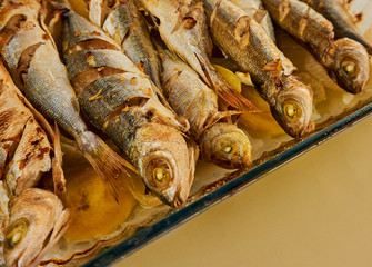 Grilled healthy fish near plan shot