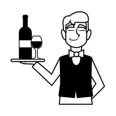 man waiter holding tray with bottle wine on white background