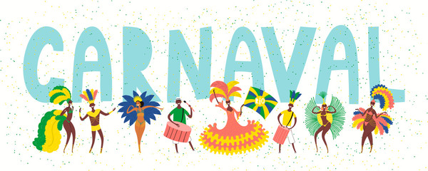 Hand drawn vector illustration with dancing people in bright costumes, drummers, Portuguese text Carnaval. Flat style design. Concept for Rio de Janeiro, Brazilian carnival poster, flyer, banner. - obrazy, fototapety, plakaty