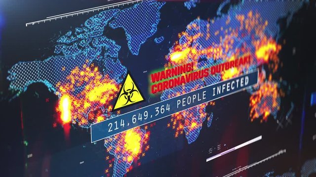 Warning, coronavirus outbreak text, number of people infected, world map. Warning message on screen