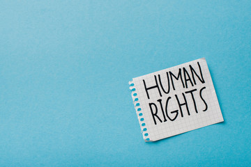 top view of paper with human rights lettering isolated on blue