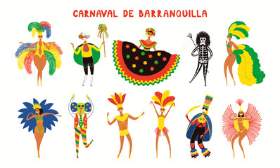 Fototapeta premium Set of hand drawn dancing people in bright traditional costumes. Vector illustration. Isolated objects on white background. Flat style design. Element for Barranquilla Carnival poster, flyer, banner.