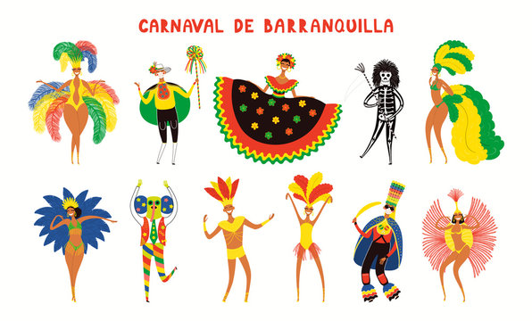 Set of hand drawn dancing people in bright traditional costumes. Vector illustration. Isolated objects on white background. Flat style design. Element for Barranquilla Carnival poster, flyer, banner.