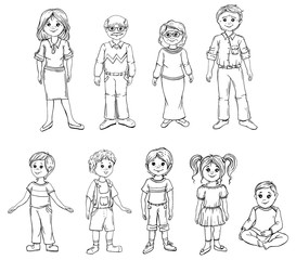 Set of cartoon people in various lifestyles and ages. Including businessman, man, woman, teenagers, children, seniors, couple. Characters illustrations for your design. set of family members, isolated