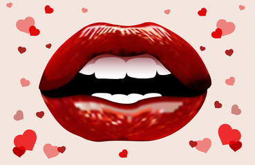 red juicy lips on a pink background with hearts
