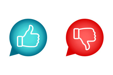 Like and Dislike vector Icons in speech bubble. Thumbs up and down circle blue and red symbols.