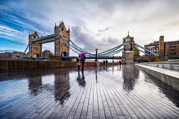 The tower Bridge of London in a rainy morning