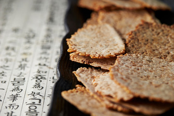 Dried Rice Cracker Snack on Plate