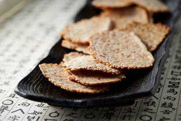 Dried Rice Cracker Snack on Plate