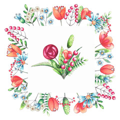 Set of watercolor illustrations with a square frame with stylized flowers and floral composition. Elements are isolated on a white background.