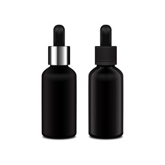 Realistic essential oil. Set of black matte and glossy bottle. Mock up bottle cosmetic or medical vial, flask, flacon 3d illustration