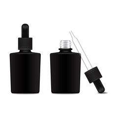 Set of black square closed and open bottle with a dropper cap for essential oil. Front view mock up cosmetic bottle or medical bottle, flask, bottle 3d illustration