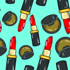 Seamless vector pattern with red lipstick and brown blush on blue background. Wallpaper, textile and fabric design. Good for printing. Cute wrapping paper pattern.